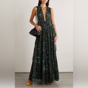 ULLA JOHNSON “Fiona” Deep V Neck Rainforest Green Maxi Dress/Gown—Size 10—NWT